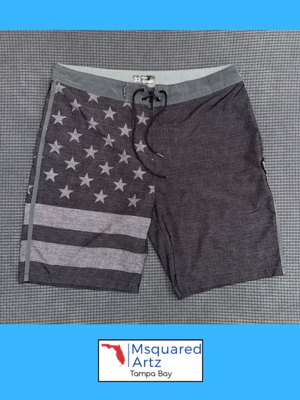 Hurley Board Shorts Size 32 Gray USA Flag Surf Swim Performance